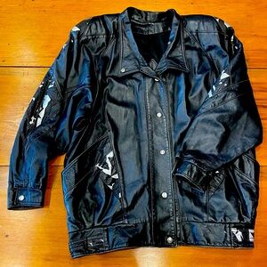 Vintage 1980’s Unisex Black Leather Moto Jacket With Silver Details XL